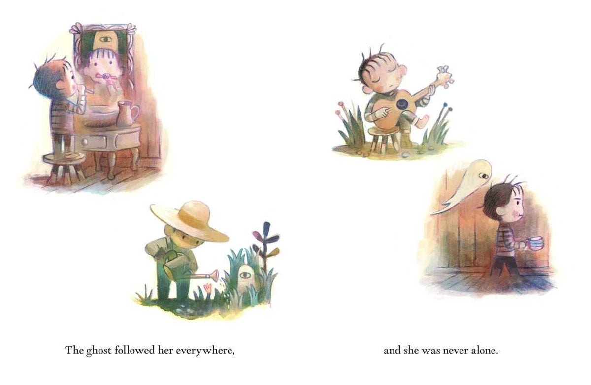 Illustrations of a ghost, a child with a guitar, a farmer, and a girl with a ghostly figure, with text indicating the ghost's presence.