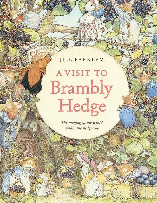 Book cover of 'A Visit to Brambly Hedge' by Jill Barklem, featuring illustrations of animals and children in a forest setting.