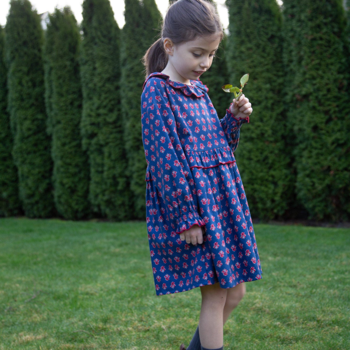 Girls' Ruffle Collar Dress in Long Sleeves | Red and Navy