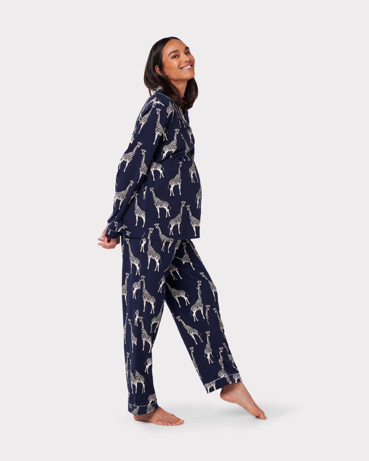 Maternity Navy Giraffe Print Organic Cotton Long Pajama Set