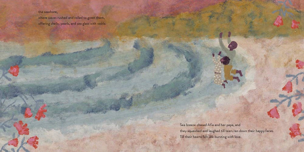 Illustration of children playing in a snowy landscape with flowers and text.