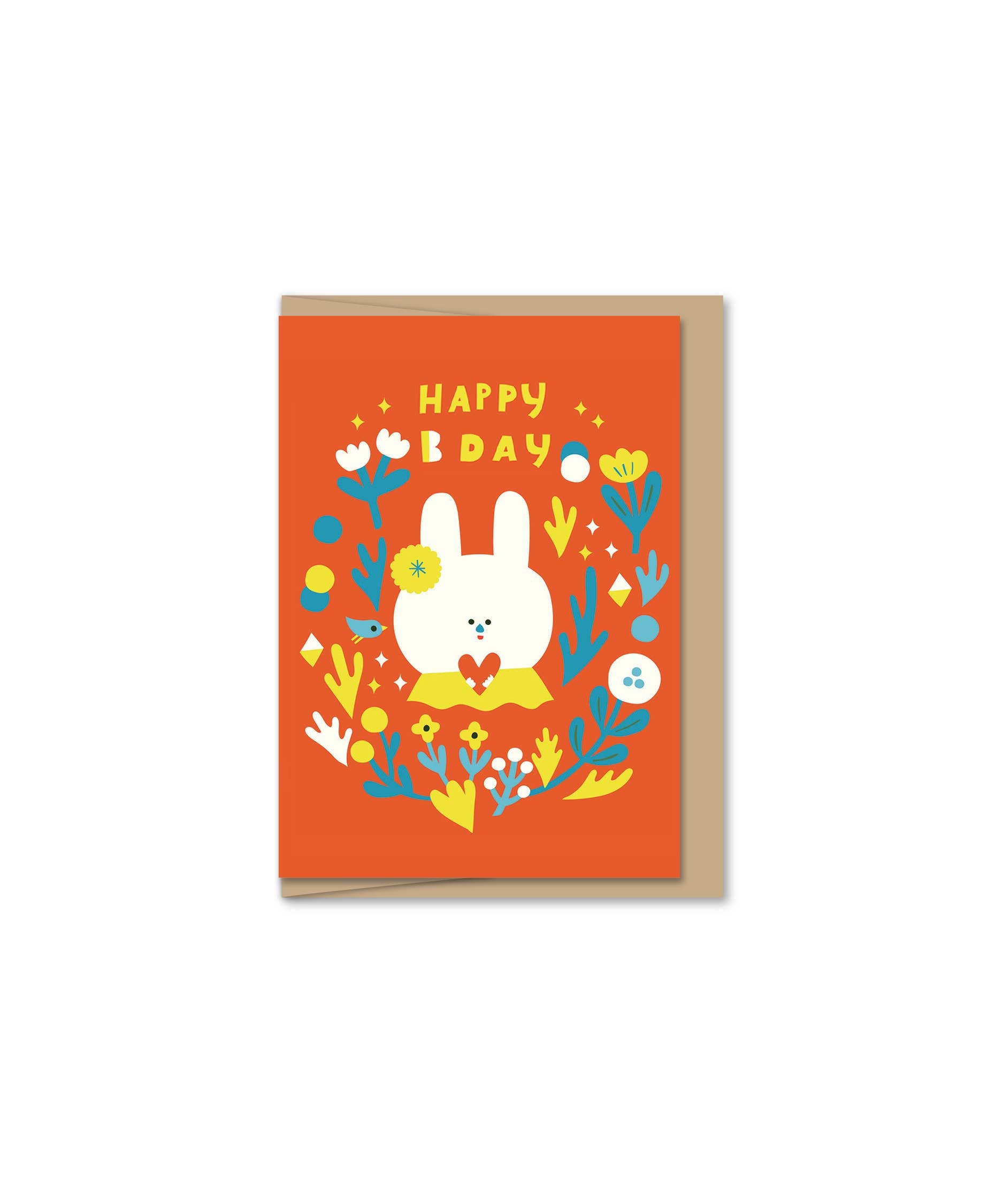 Greeting card with a rabbit illustration and 'Happy Bday' text on an orange background