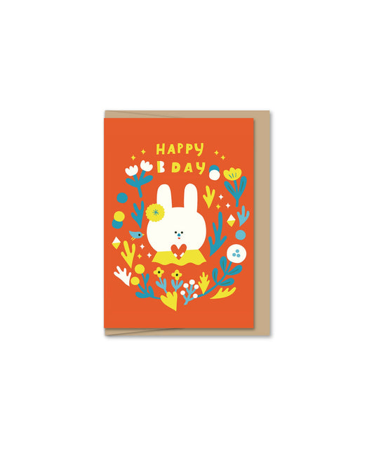 Greeting card with a rabbit illustration and 'Happy Bday' text on an orange background