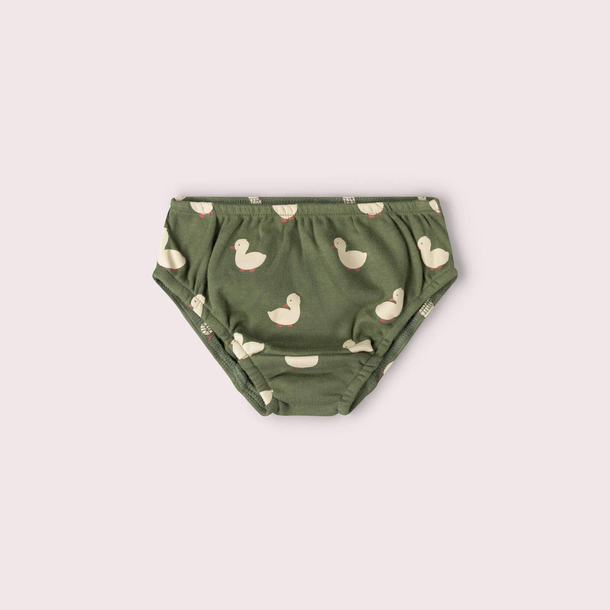 Olive green children's underwear with cream duck print and elastic waistband.
