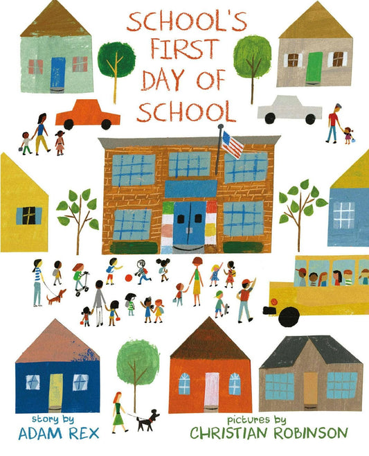 Book cover of 'School's First Day of School' with illustrations of a school, children, and a bus.