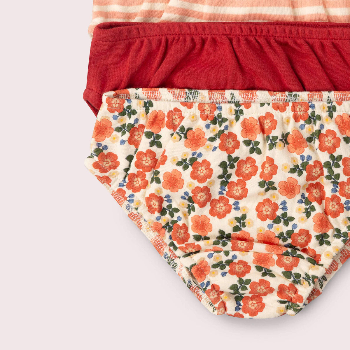 Close-up of the fabric and print in the Petals children's underwear three-pack.