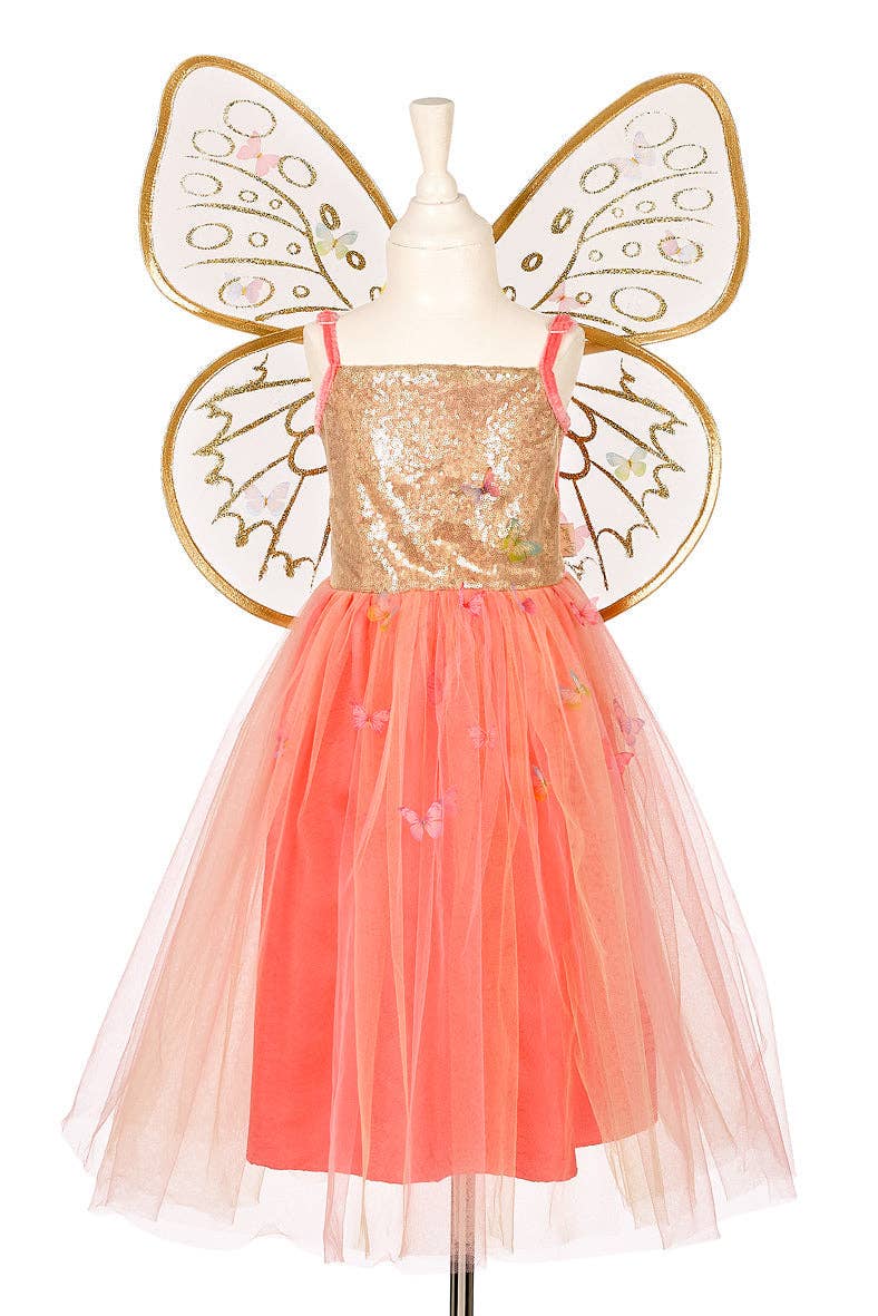 Children's fairy costume with gold sequin top and coral tulle skirt on a mannequin against a white background.