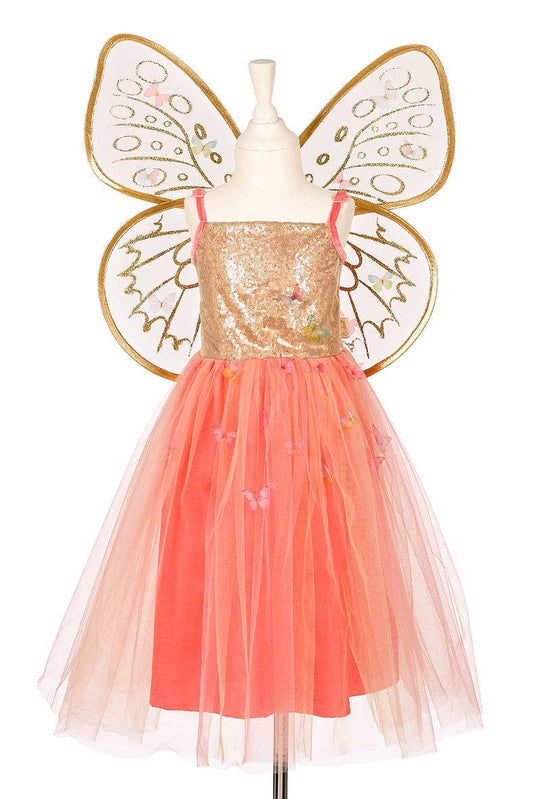 Children's fairy costume with gold sequin top and coral tulle skirt on a mannequin against a white background.