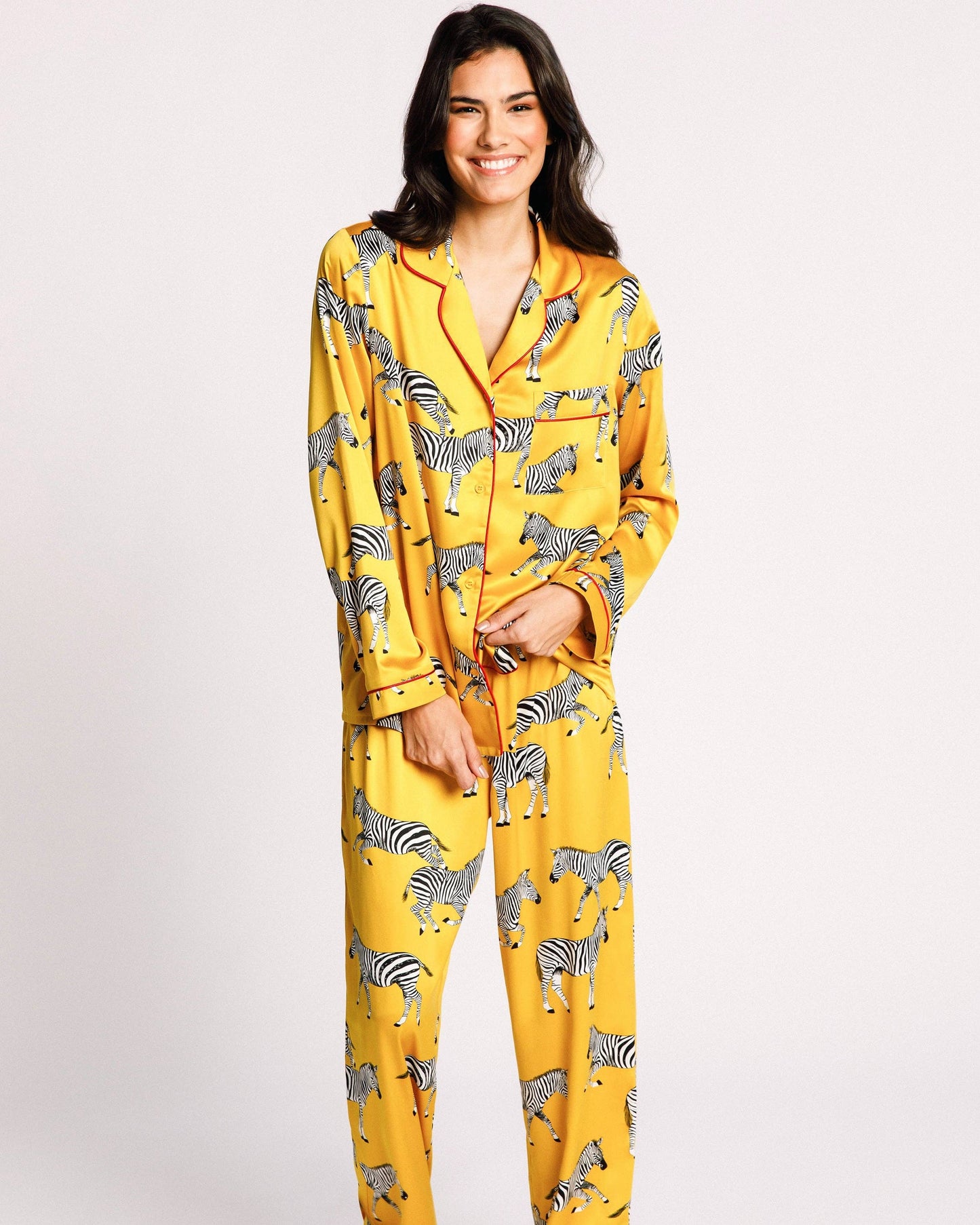 Satin Mustard Zebra Print Long Pajama Set