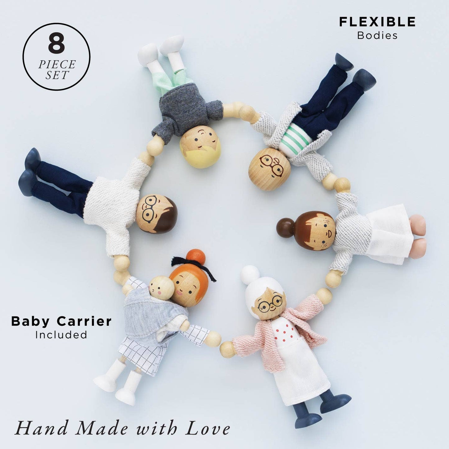Set of wooden dolls with flexible bodies on a light background, featuring text about the product.