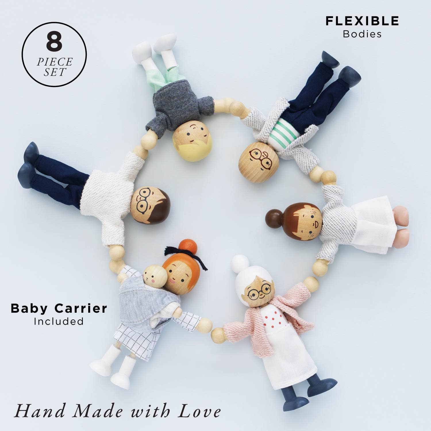 Set of wooden dolls with flexible bodies on a light background, featuring text about the product.