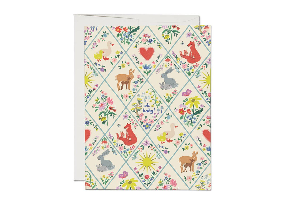 Baby card by Red Cap Cards with the text, "Oh Baby" and small illustrations of animals on a white background