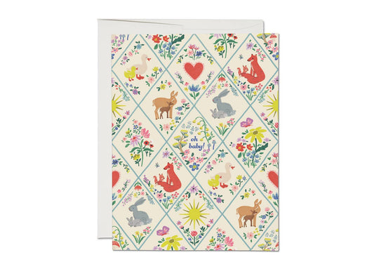 Baby card by Red Cap Cards with the text, "Oh Baby" and small illustrations of animals on a white background