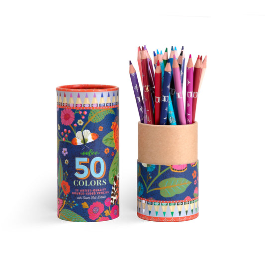 Set of 50 colored pencils in a decorated cylindrical holder on a white background