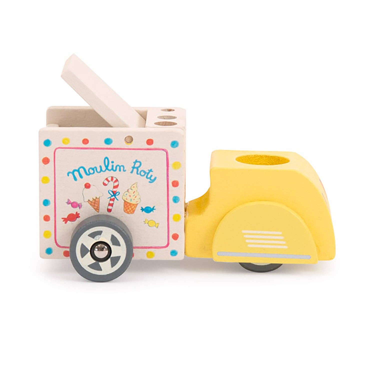 Toy ice cream cart with colorful design on a white background
