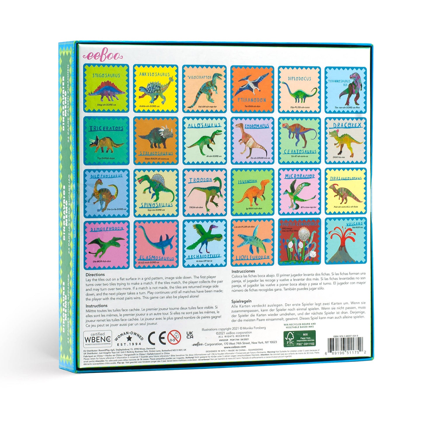 Board game box with colorful dinosaur illustrations on a white background