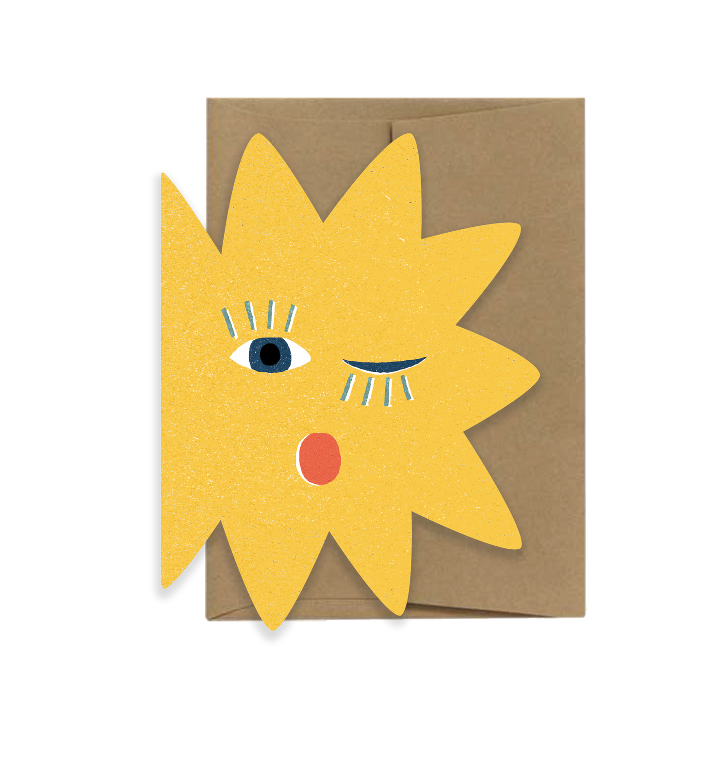 Cutout card with a yellow sun design featuring eyes and a mouth on a brown envelope.