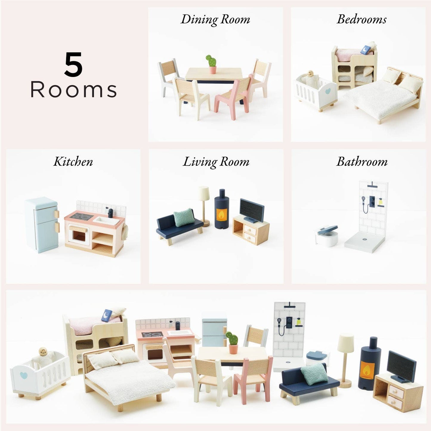 Set of miniature furniture pieces for a dollhouse, including kitchen, dining room, bedrooms, living room, and bathroom.