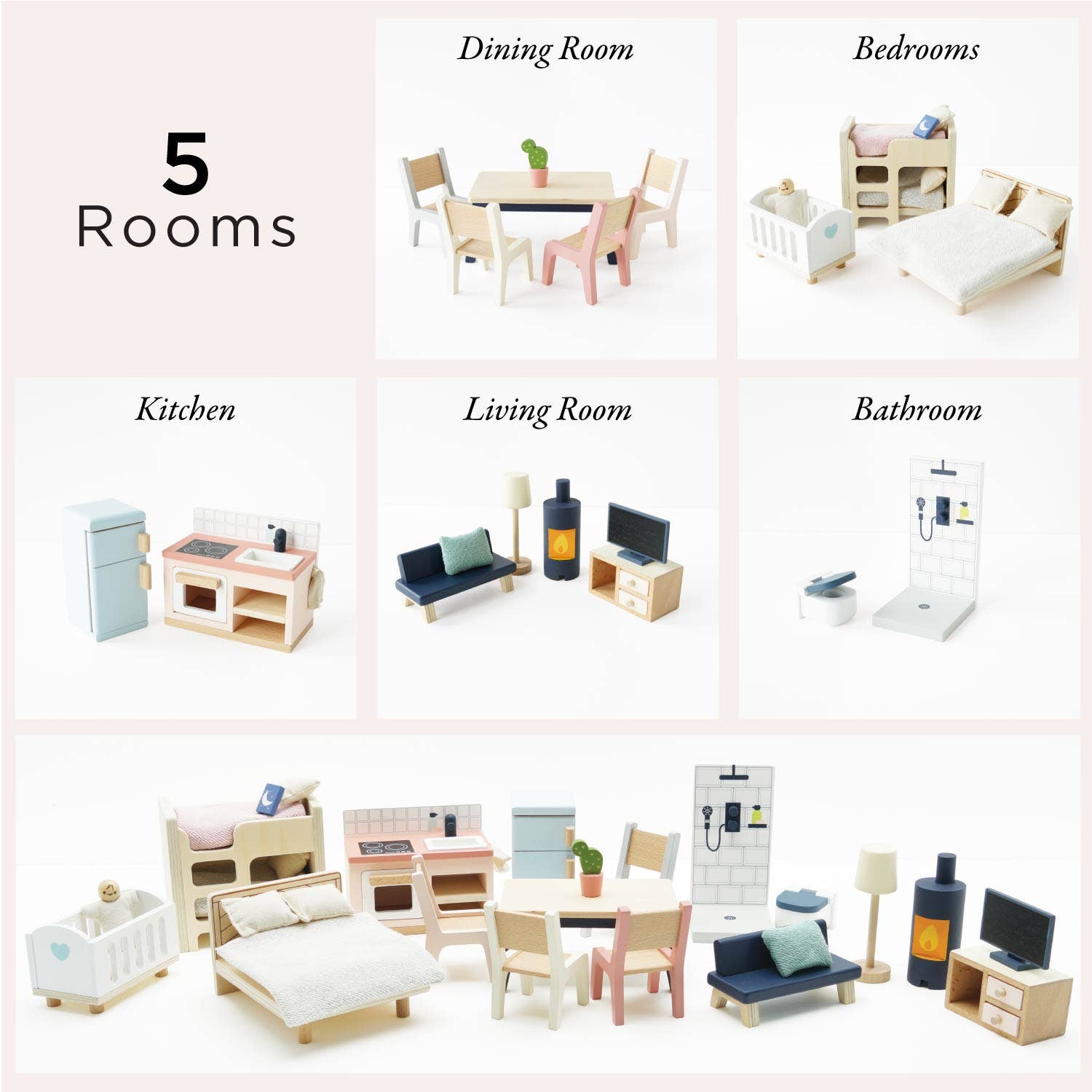 Set of miniature furniture pieces for a dollhouse, including kitchen, dining room, bedrooms, living room, and bathroom.
