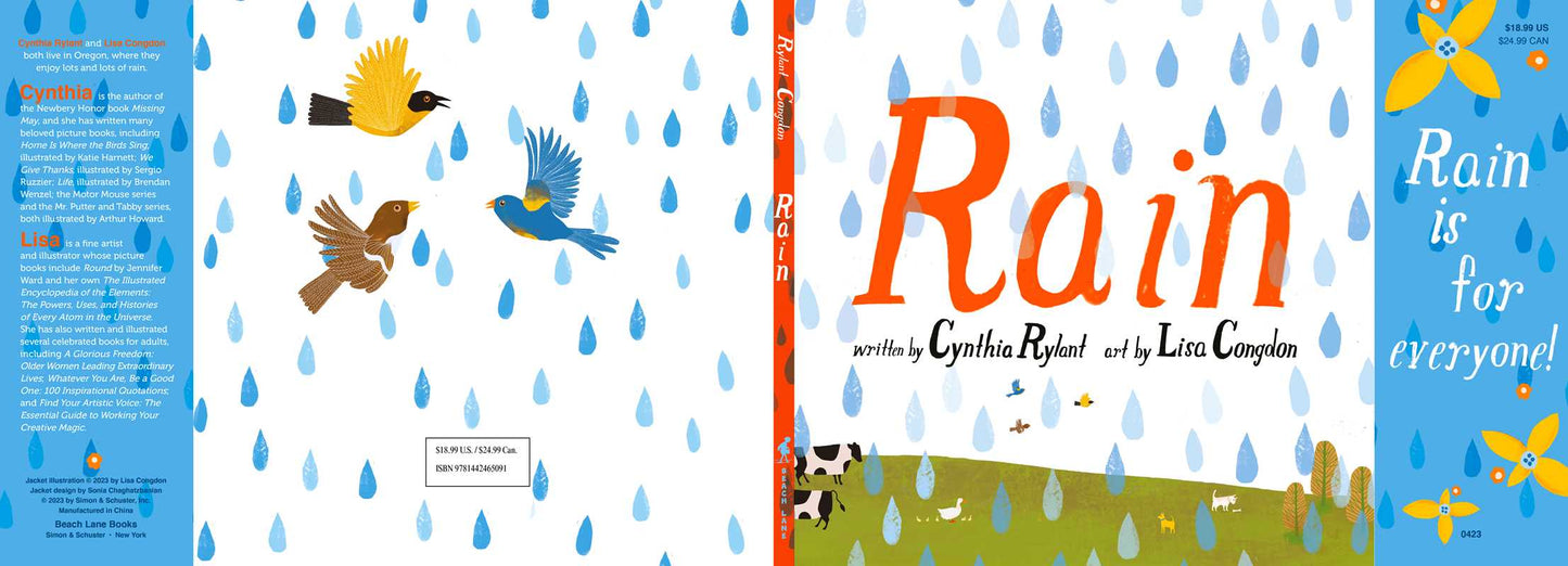 Book cover of 'Rain is for Everyone!' with raindrop patterns and animal illustrations.