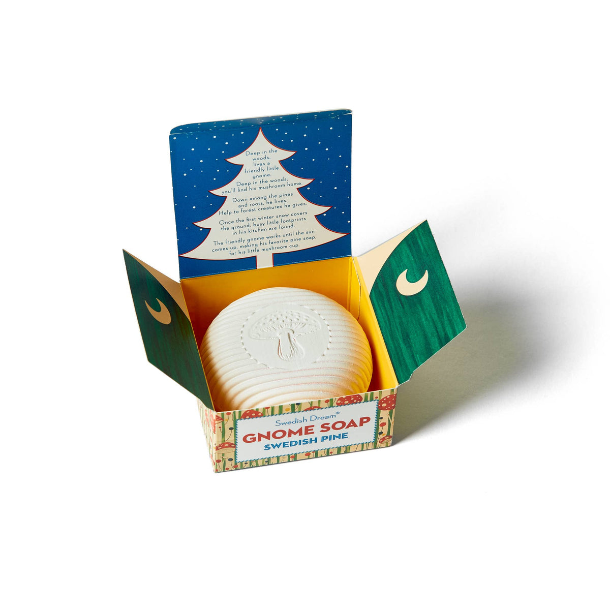 Swedish Pine gnome soap inside its open gift box with a pine tree poem