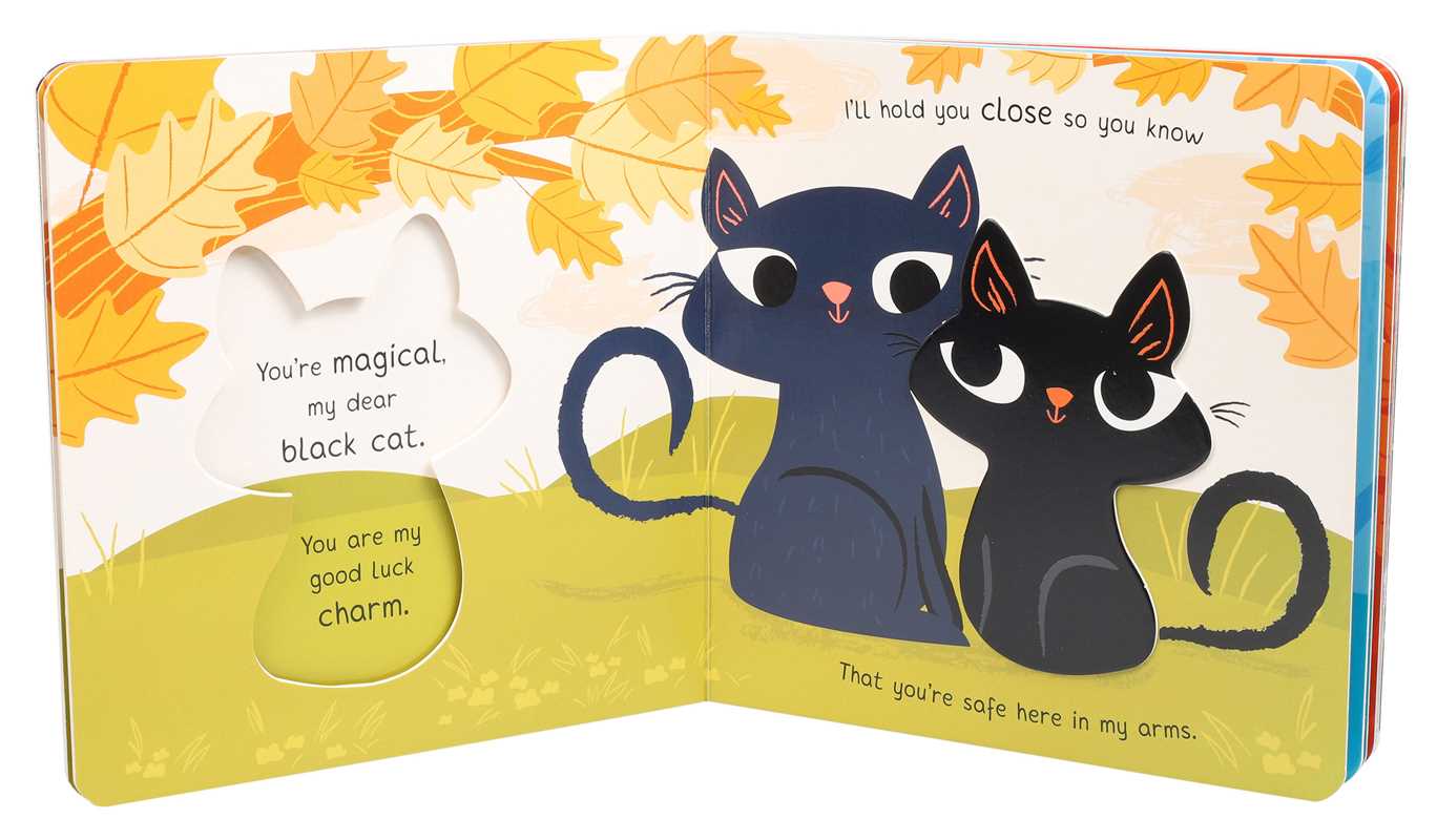 Open book with two black cats and autumn leaves on a yellow background