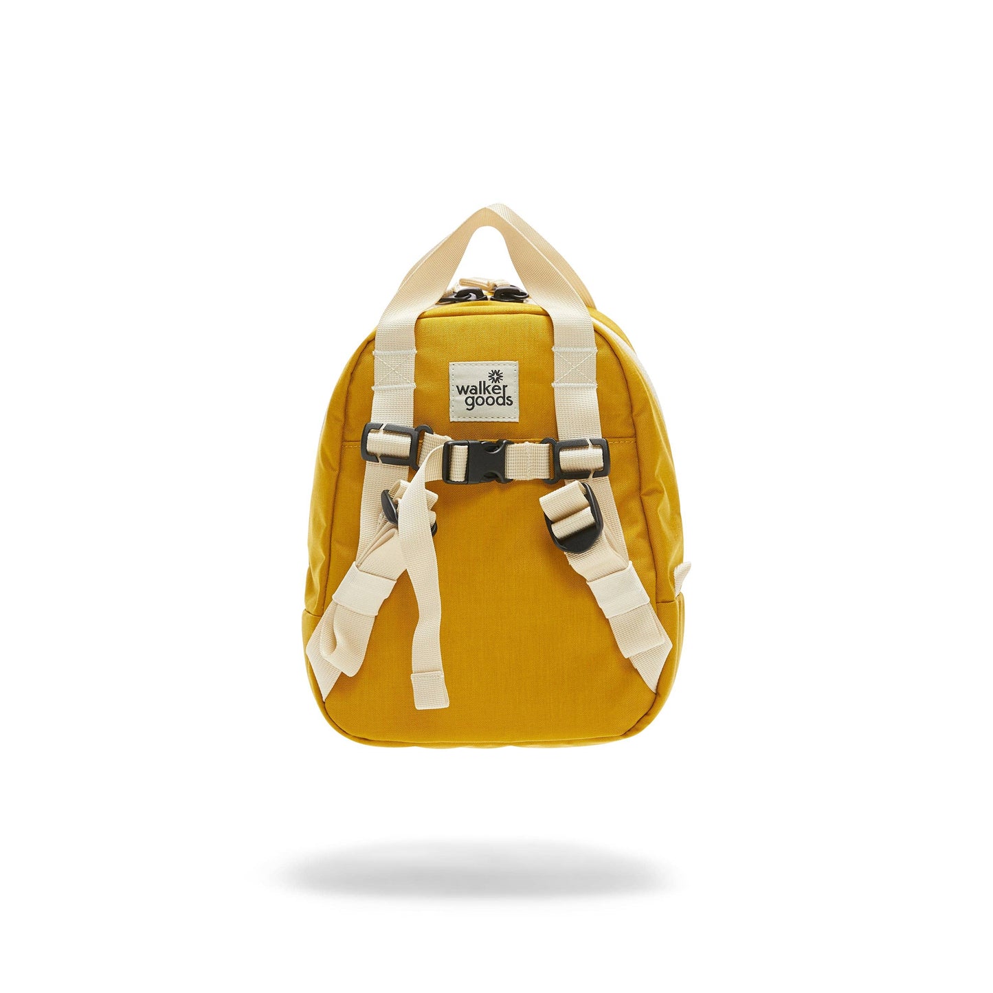 back view of yellow kids backpack with ivory straps and a walker good logo label, on a white background