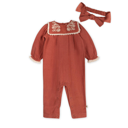 Vena Embroidery Collar Baby Jumpsuit & Headband (Organic)