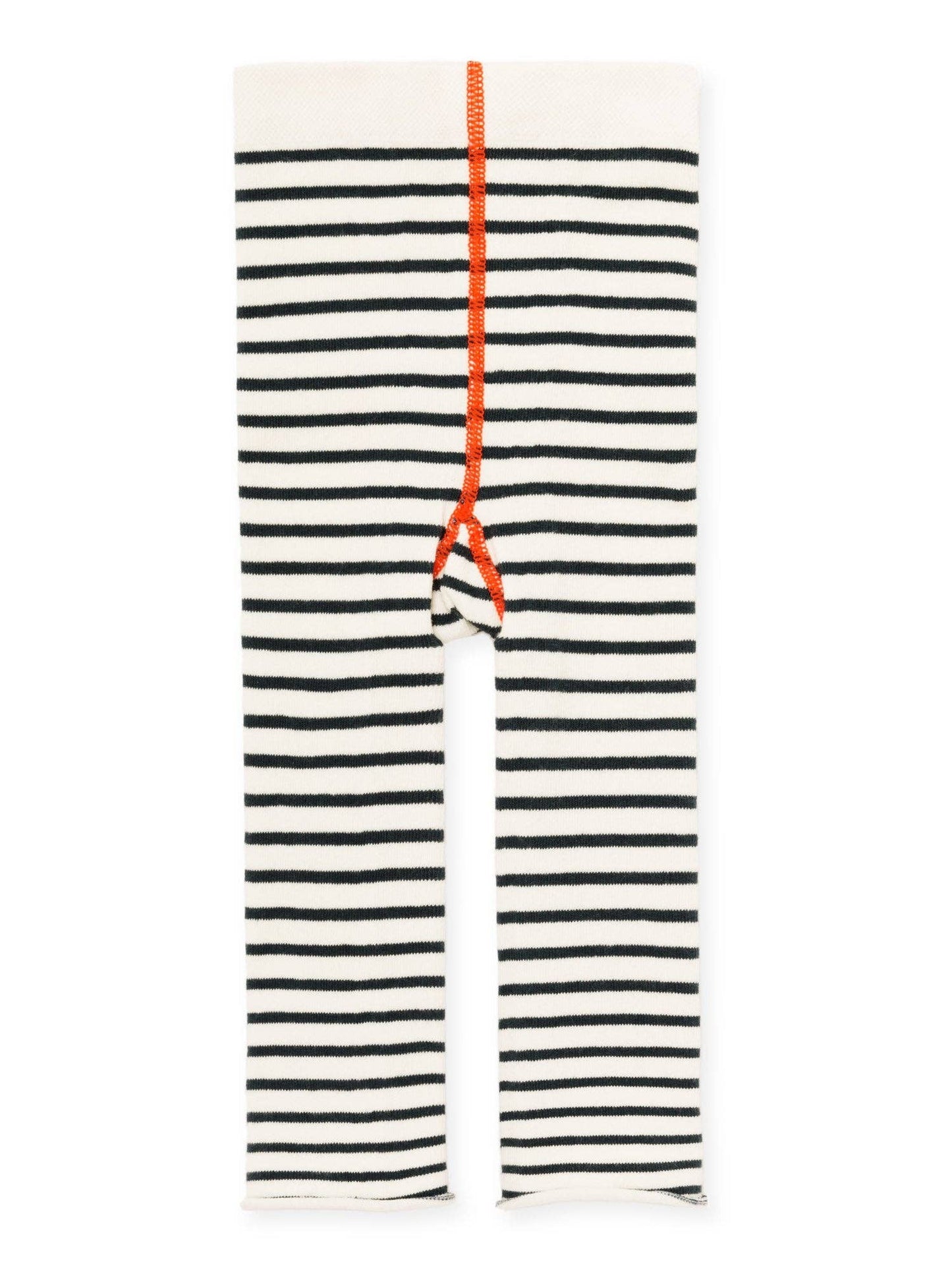 Black and white striped leggings with a orange coral seam on a white background
