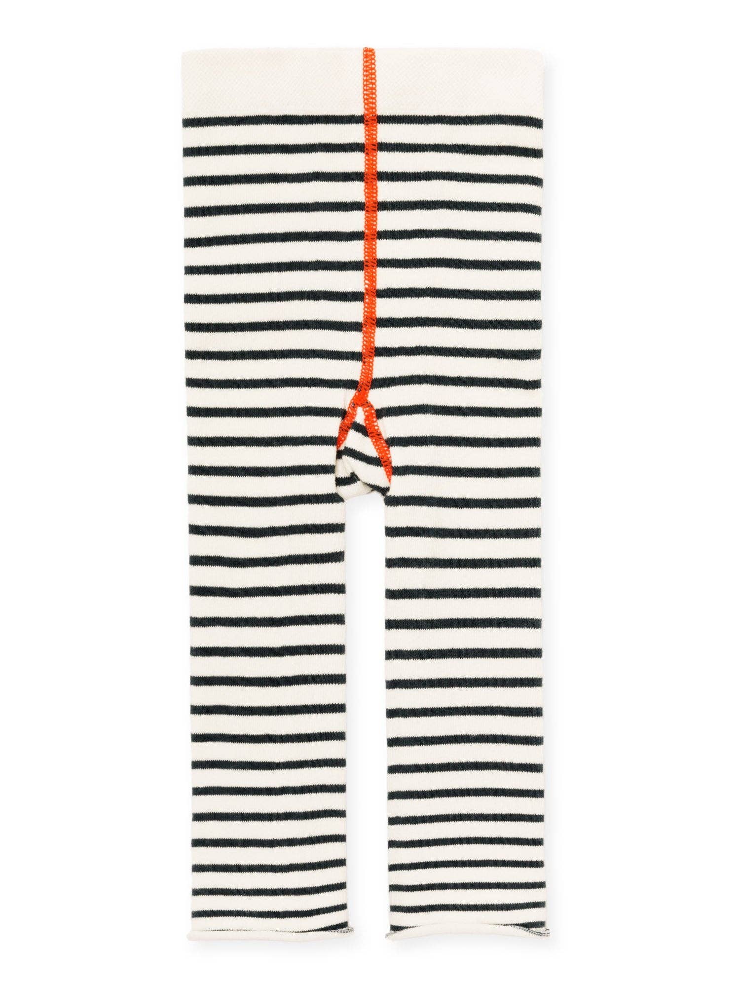 Black and white striped leggings with a orange coral seam on a white background