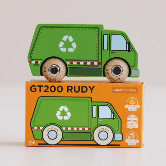Green toy garbage truck on top of its packaging box with 'GT200 Rudy' branding.