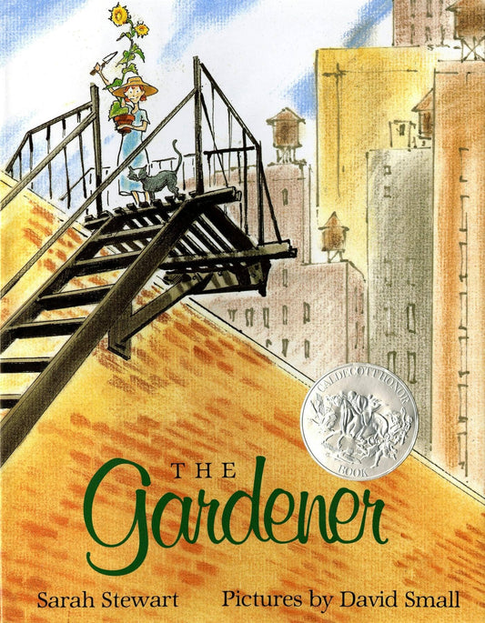 Book cover of 'The Gardener' with a child on a fire escape and buildings in the background.