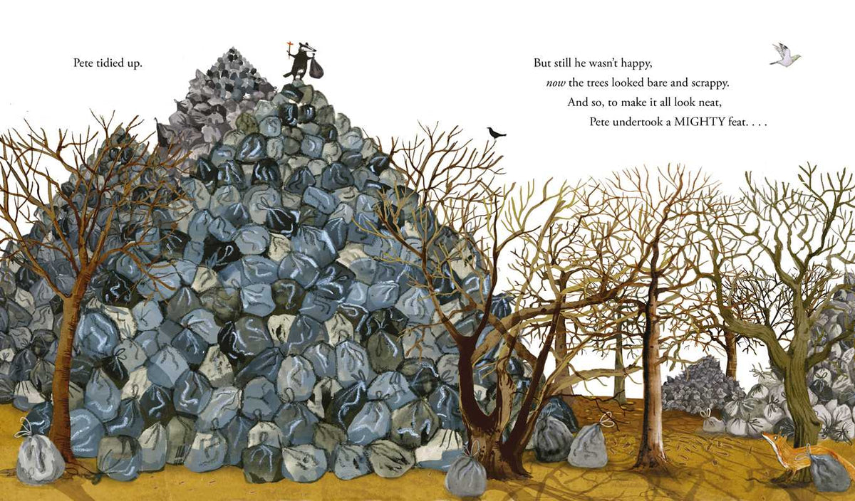 Illustration of a pile of trash bags with trees and text on a white background