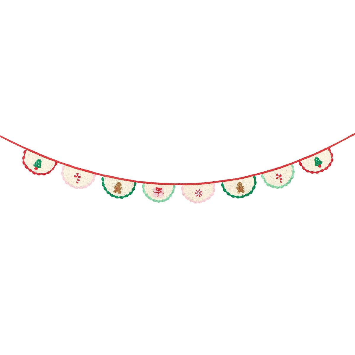 A festive Christmas garland banner with alternating red and green scalloped pennants, decorated with small holiday motifs including gingerbread men, candy canes, snowflakes, and trees, strung along a red cord against a plain white background.