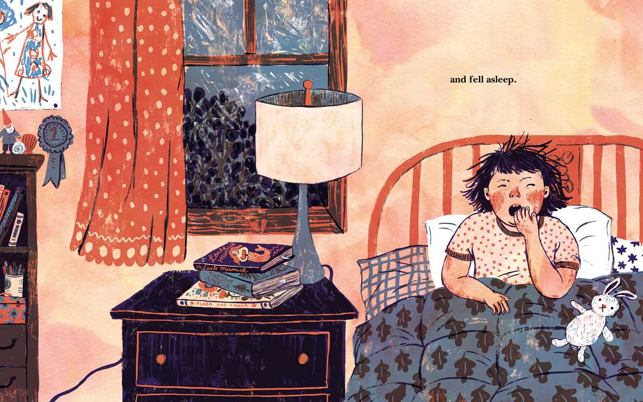 Illustration of a child in bed with a cat, in a bedroom setting.