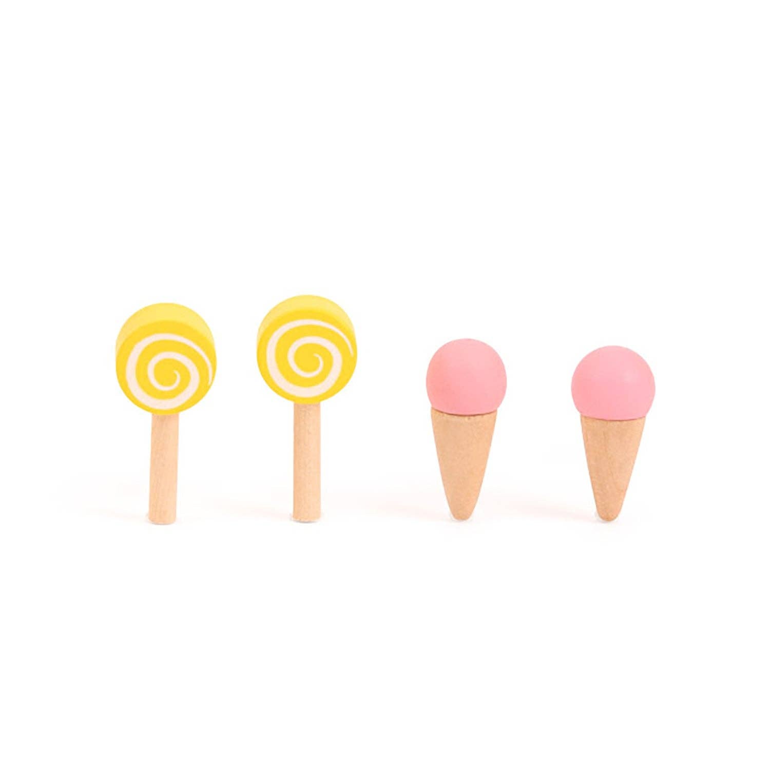 Two wooden toy spiral lollipops and two pink ice cream cones on a white background