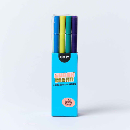 Pack of OMY ultra-washable markers with multiple colors on a white background