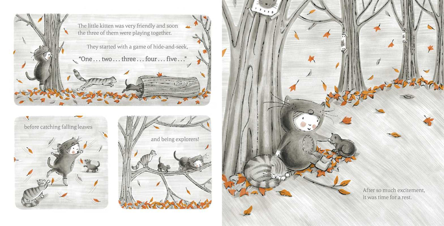Illustrated children's book page with a bear and raccoon in an autumn forest.