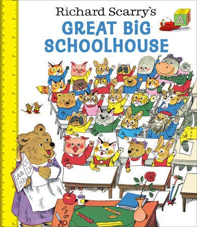 Book cover of 'Richard Scarry's Great Big Schoolhouse' with animal characters in a classroom setting.