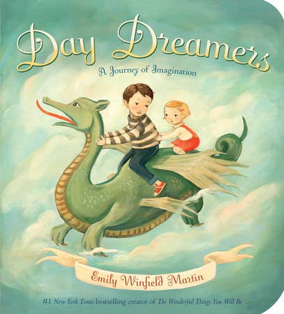 Book cover of 'Day Dreamers' featuring a boy and girl riding a dragon in the sky.