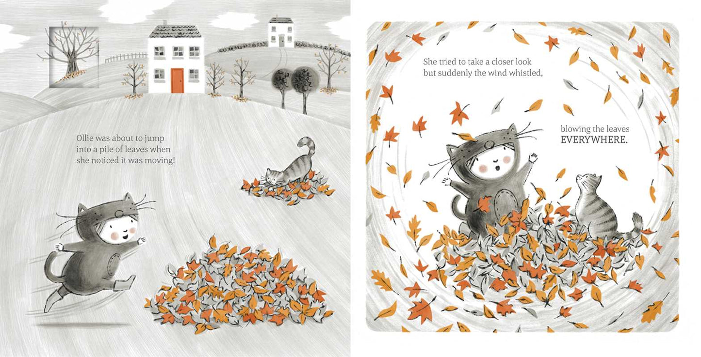 Illustrated book pages showing a cat playing with leaves in winter and autumn settings.