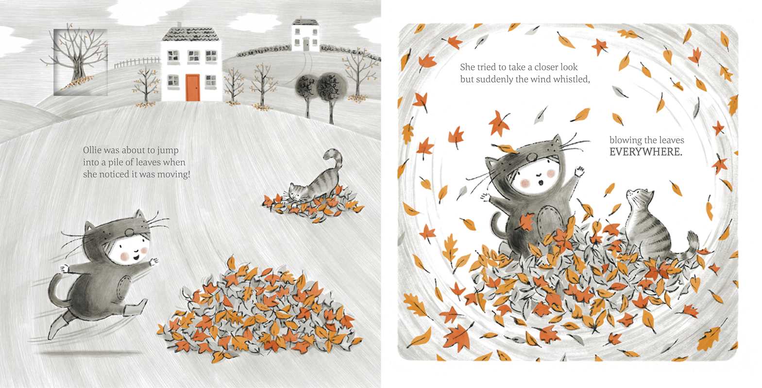 Illustrated book pages showing a cat playing with leaves in winter and autumn settings.