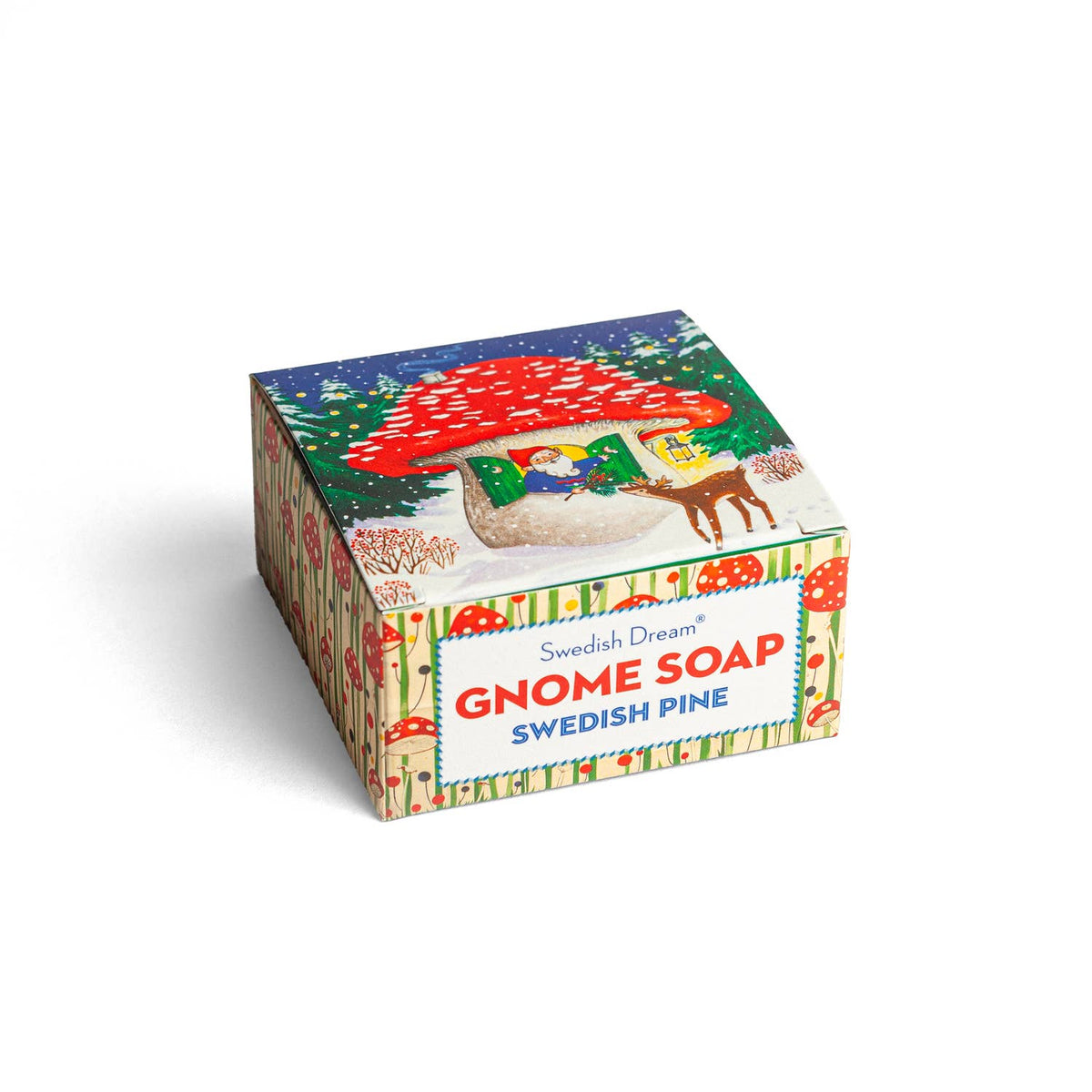 Swedish Dream Gnome Soap Swedish Pine closed gift box with mushroom house artwork