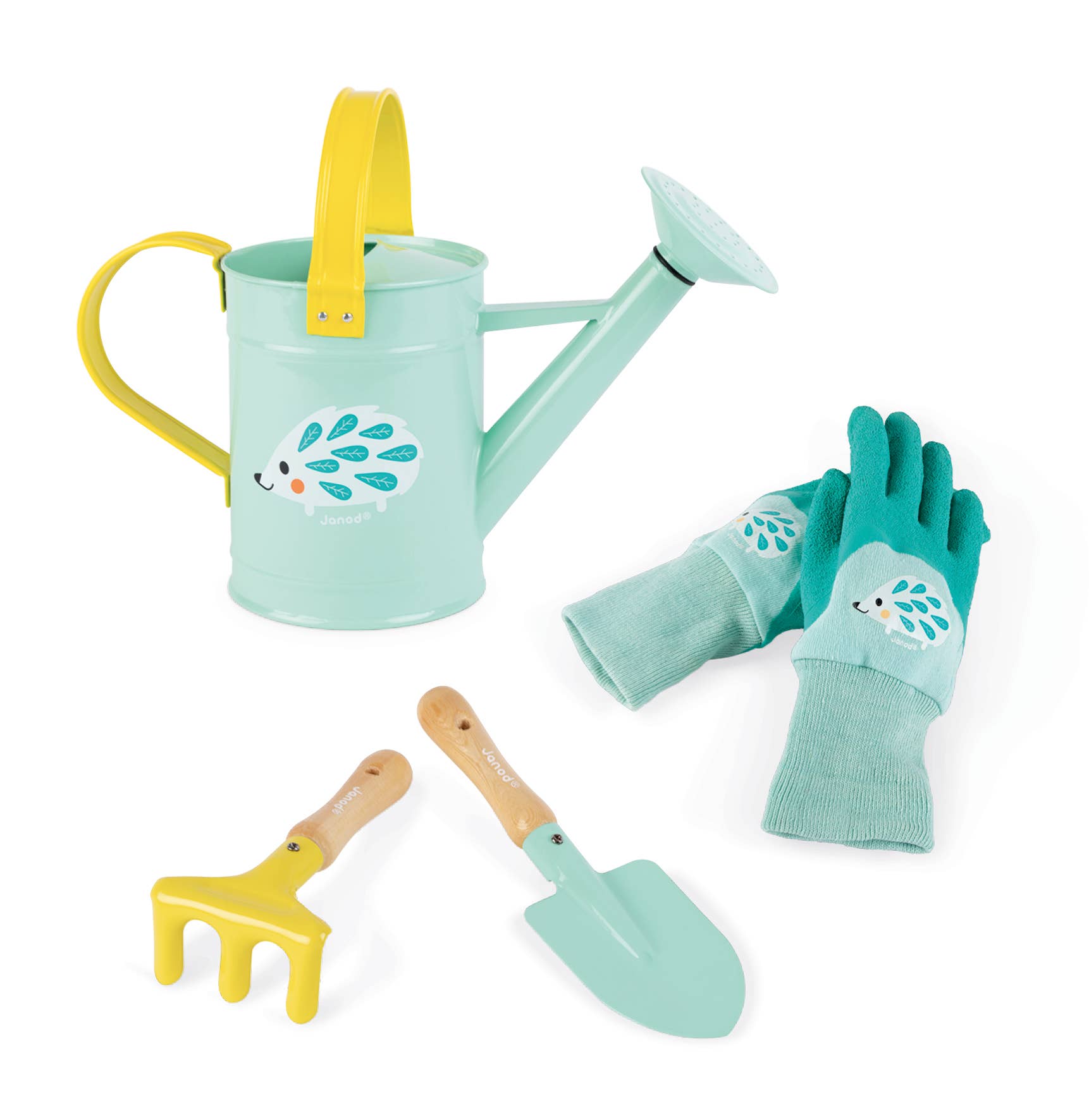 Children's gardening set with watering can, gloves, rake, and trowel on a white background