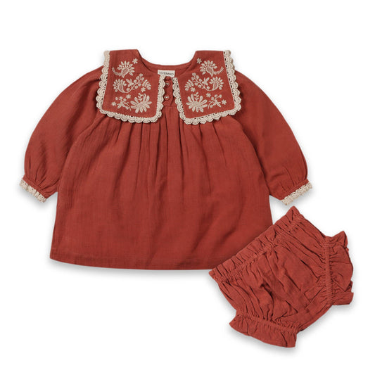 Sola Embroidered Collar Baby Dress & Bloomer -Organic
