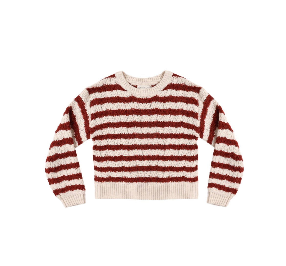 A long-sleeve knit sweater with horizontal stripes in dark brown and cream, featuring ribbed cuffs, collar, and hem, shown flat on a white background.