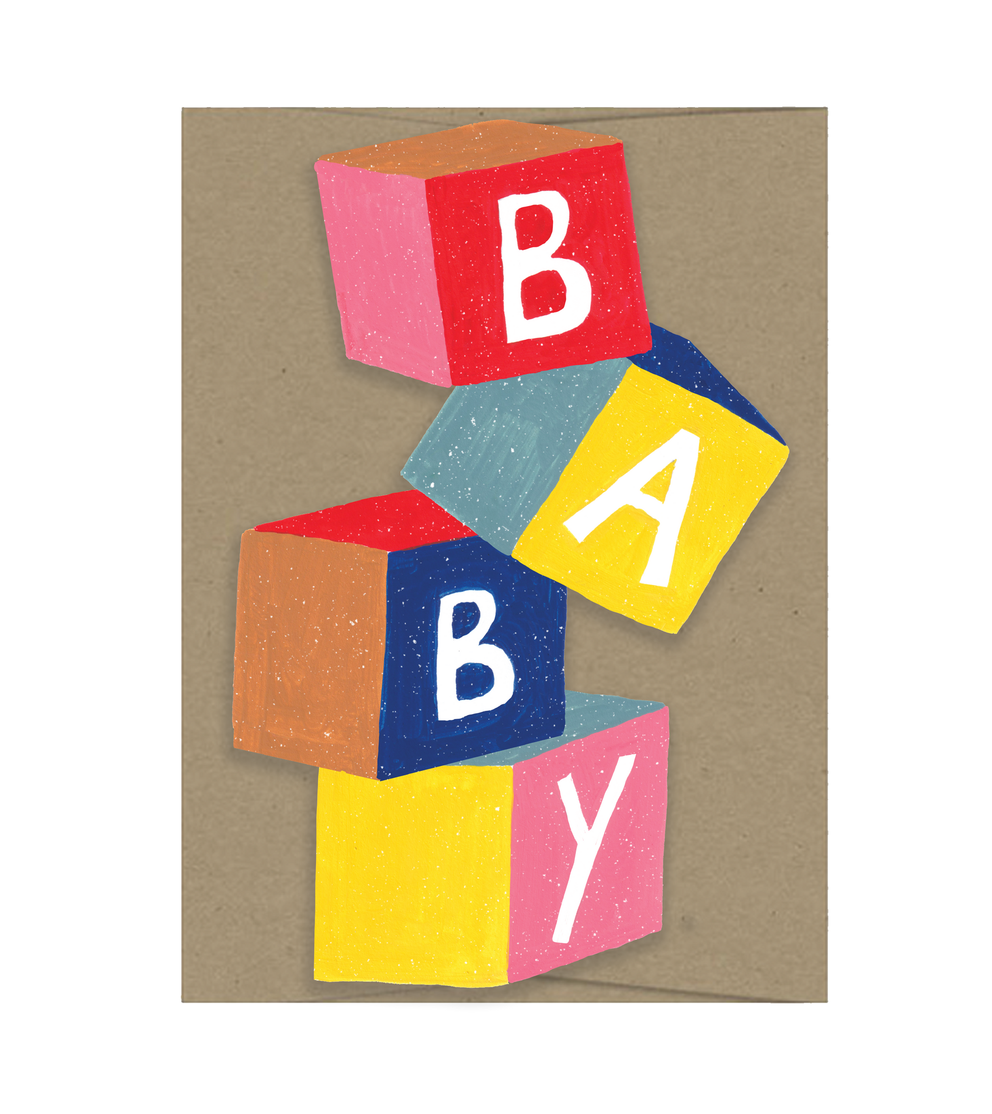 Colorful cutout baby blocks spelling 'BABY' on a brown envelope