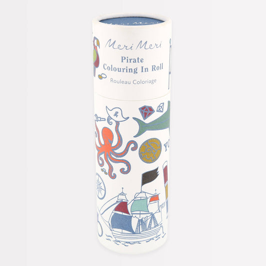 Pirate-themed colouring roll with illustrations on a white background