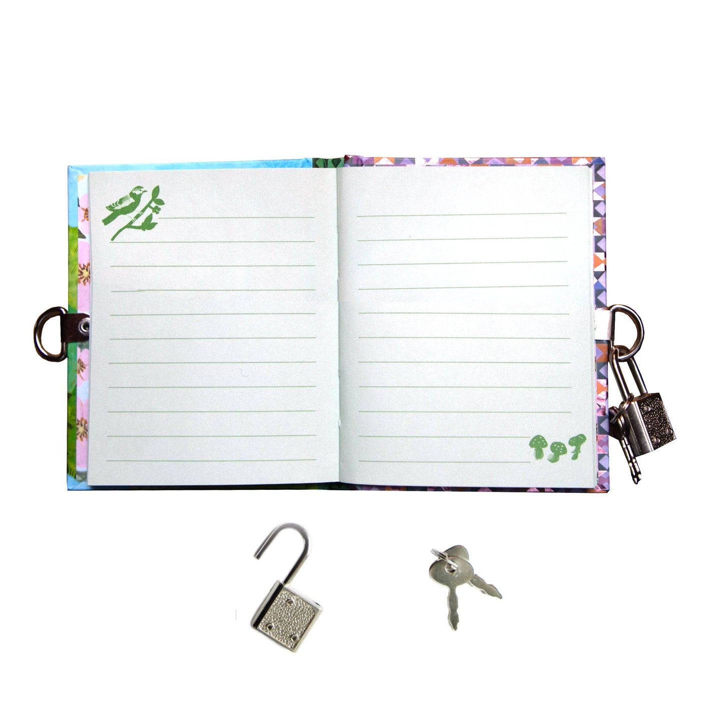 Open notebook with colorful binding, padlock, and keys on a white background