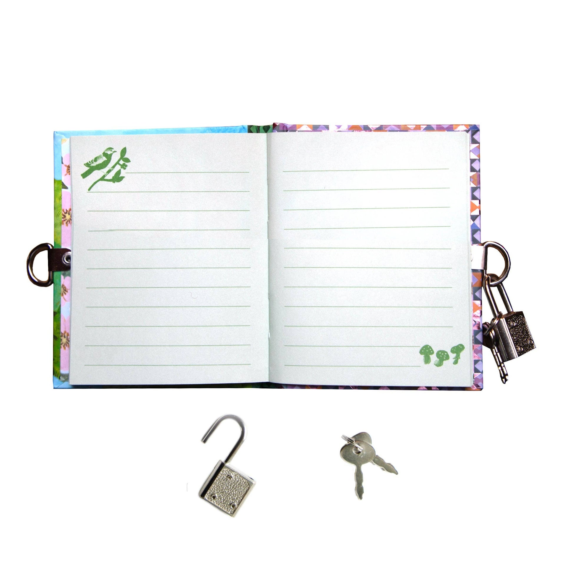 Open notebook with colorful binding, padlock, and keys on a white background
